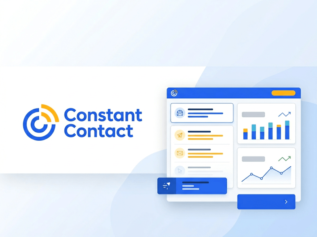 Constant Contact email marketing platform logo and interface screenshot showing ESP features