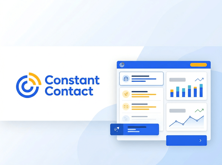 Constant Contact email marketing platform logo and interface screenshot showing ESP features