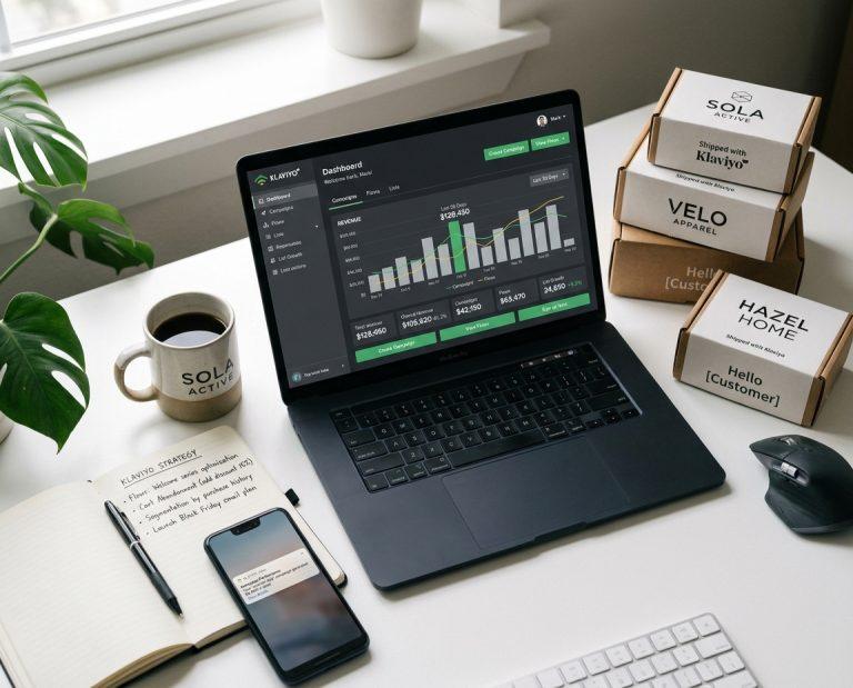 Klaviyo email marketing dashboard interface showing ecommerce campaign analytics and automation features